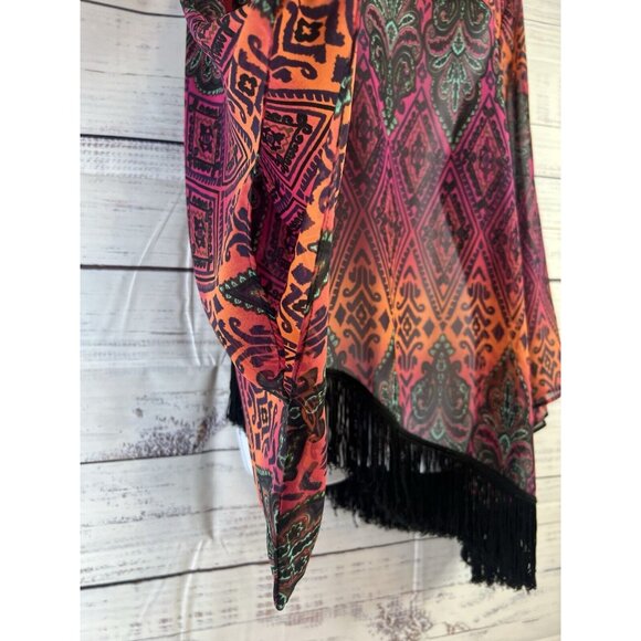 Ivy Jane Size S Boho Festival Fringe Kimono Bell Sleeve Asymetrical Sheer Blouse - Picture 2 of 12